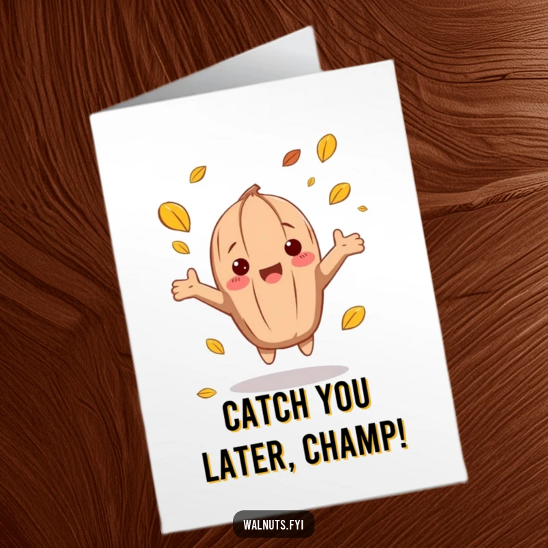 Funny Free Printable Congratulations Card: A smiling walnut with arms wide catches falling leaves, representing accomplishments and good fortune.
