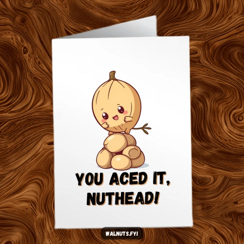 Funny Free Printable Congratulations Card: Determined Kawaii pine nut character conquering a stack of nuts.