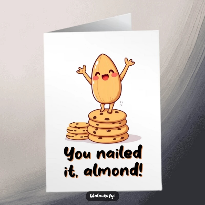 Funny Free Printable Congrats Card: An amused almond balancing perfectly in a handstand atop cookies, cheering your success.