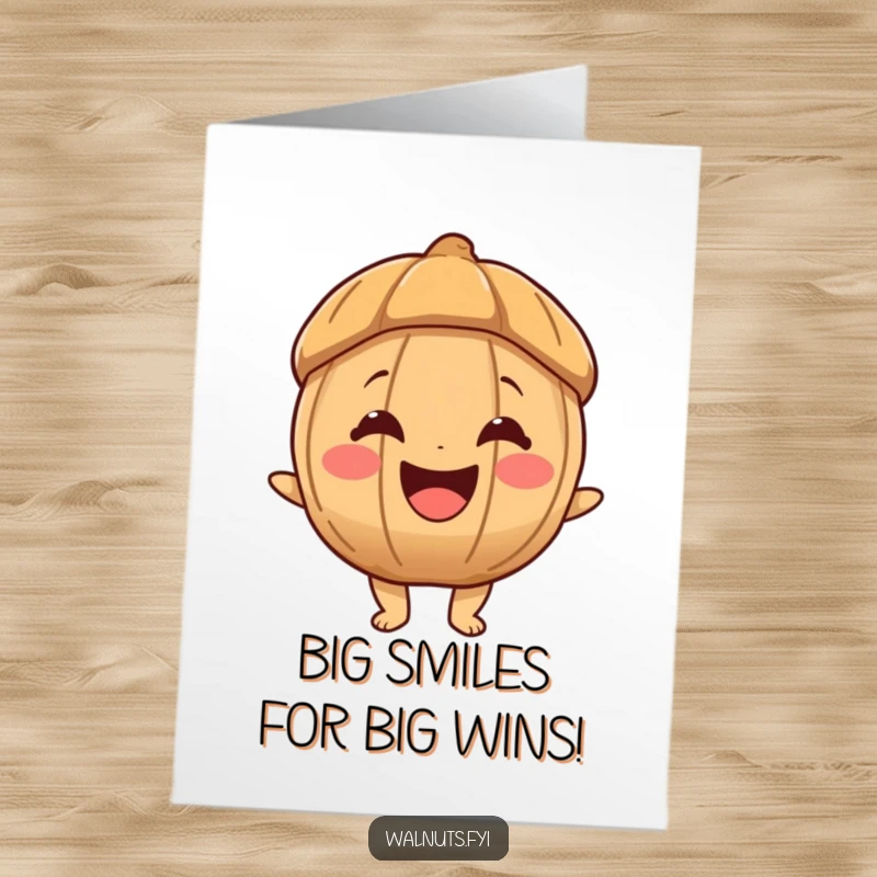 Funny Free Printable Congratulations Card: A joyous walnut character with a big smile celebrates success, spreading infectious happiness.