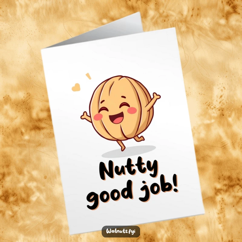 Funny Free Printable Congratulations Card: a giggling walnut bouncing with pure energy, celebrating any success with a wide grin.