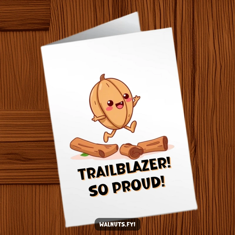 Funny Free Printable congratulations card showing a giggling walnut happily skipping along a trail constructed from cinnamon sticks, full of glee.