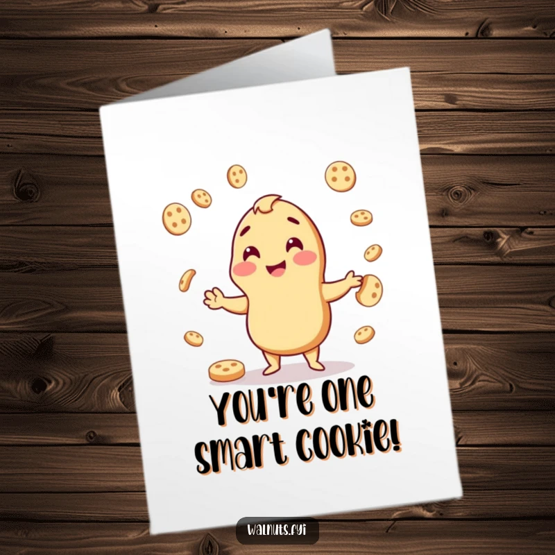 Funny Free Printable Congrats Card: A cheerful cashew juggler tossing cookie pieces, celebrating your fantastic achievement with excitement.