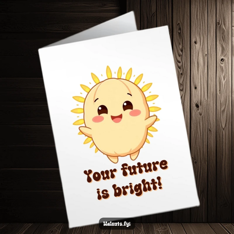 Funny Free Printable Congrats Card: Golden Macadamia Nut character radiates success, sharing a glowing light for achievements.