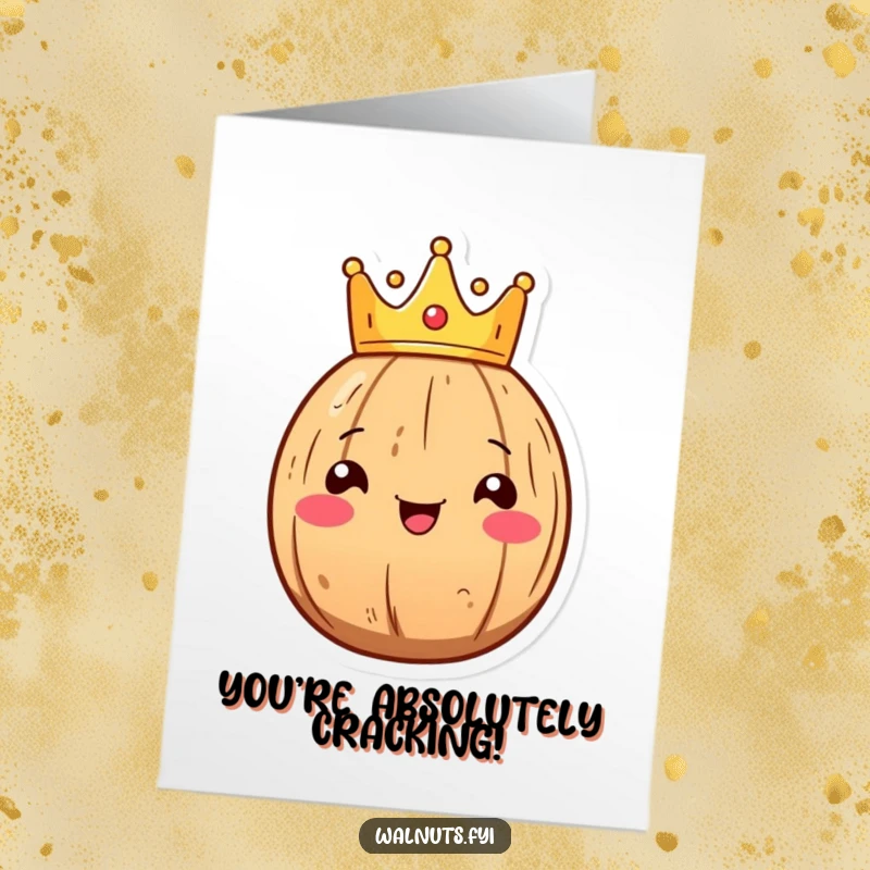 Funny Free Printable Congratulations Card: Smiling Kawaii walnut wearing a tiny crown, celebrating a grand achievement.
