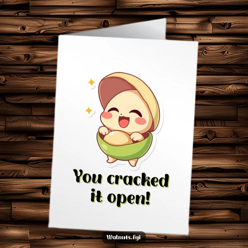 Funny Free Printable Congratulations Card: Giggling pistachio joyfully cracks open its shell in celebration.