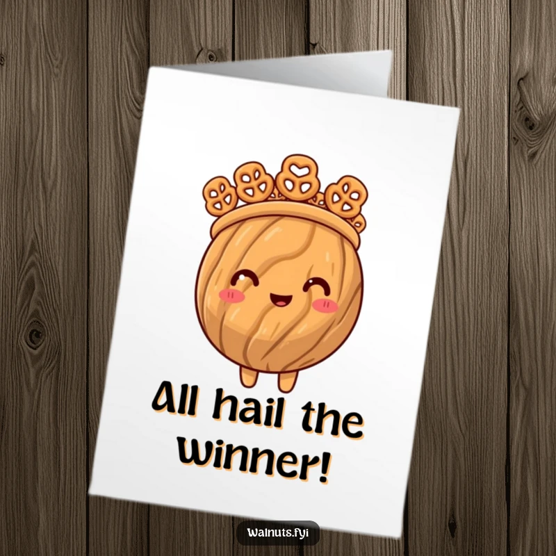 Funny Free Printable congratulations card showing a proud walnut adorned with a crown made of miniature pretzel bites, celebrating their majestic victory.
