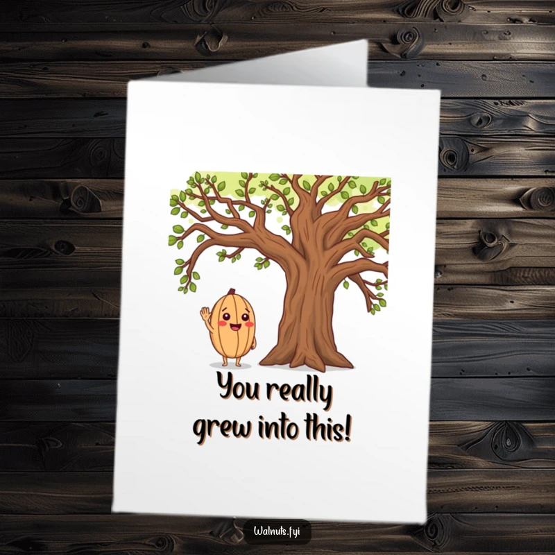 Funny Free Printable Congratulations Card: A smiling walnut character salutes a majestic oak tree, celebrating success with humor.