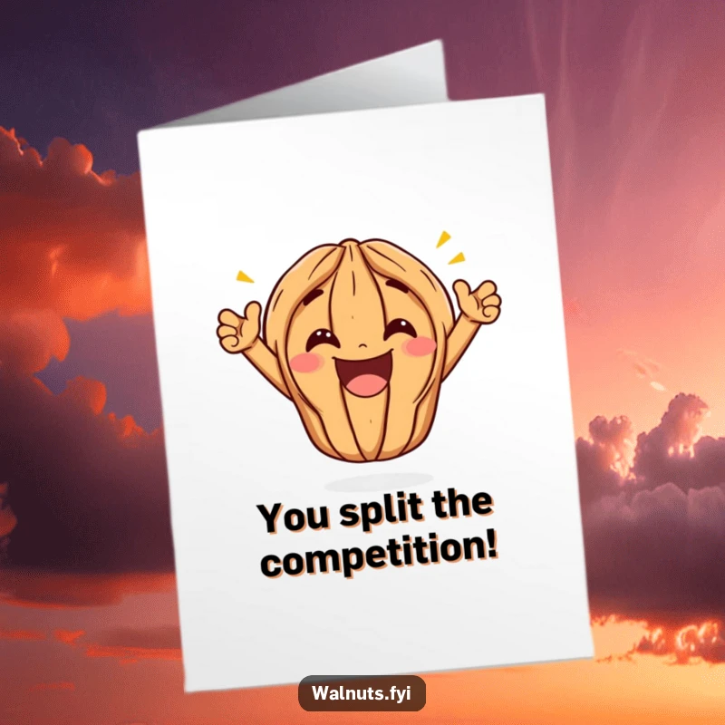 Funny Free Printable Congrats Card: Kawaii walnut performing a triumphant split, beaming with a wide, happy grin, celebrating success.