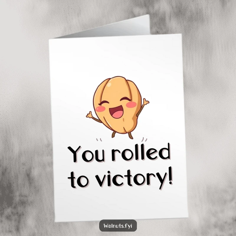 Funny Free Printable Congratulations Card: A happy kawaii walnut laughs while rolling downhill, celebrating a momentous win with energy.