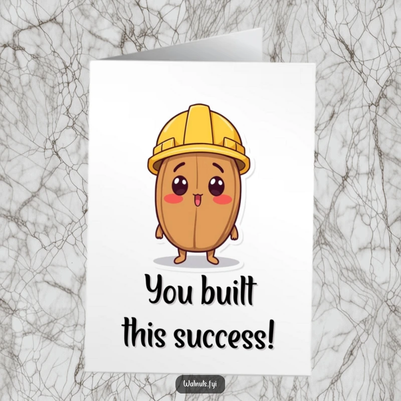 Funny Free Printable Congrats Card: A surprised walnut character sports a tiny construction helmet, ready for a new project.