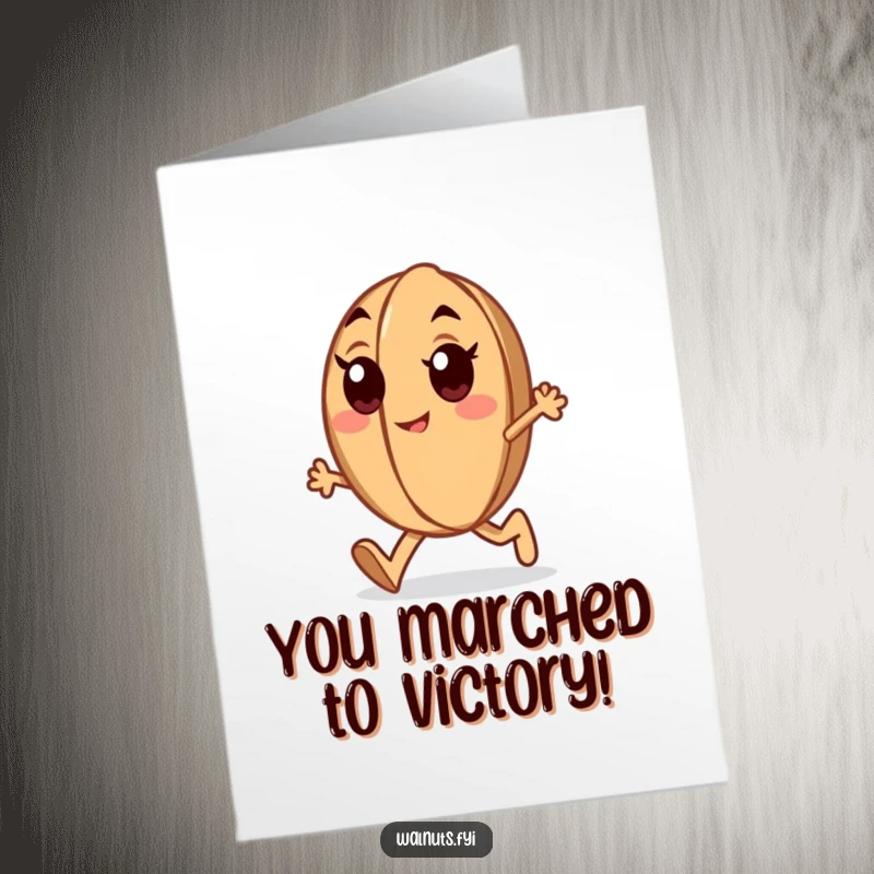 Funny Free Printable Congratulations Card: A determined walnut marches forward with enthusiasm, celebrating achievement.