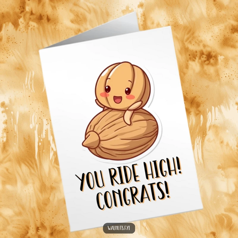 Funny Free Printable Congrats Card: A delighted walnut character beams, joyfully riding on a large nut.