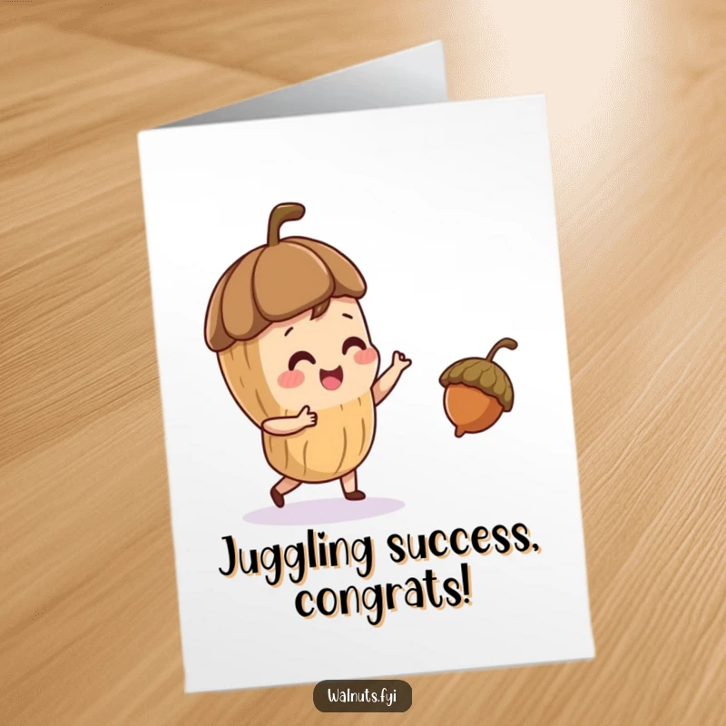 Funny Free Printable Congratulations Card: A playful walnut character juggling a small acorn, perfect for a downloadable, impressive congratulations card.