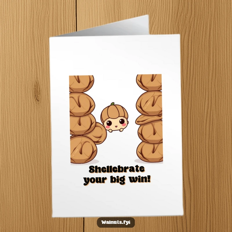 Funny Free Printable Congratulations Card: Curious walnut peering from behind other walnuts, celebrating a downloadable milestone.