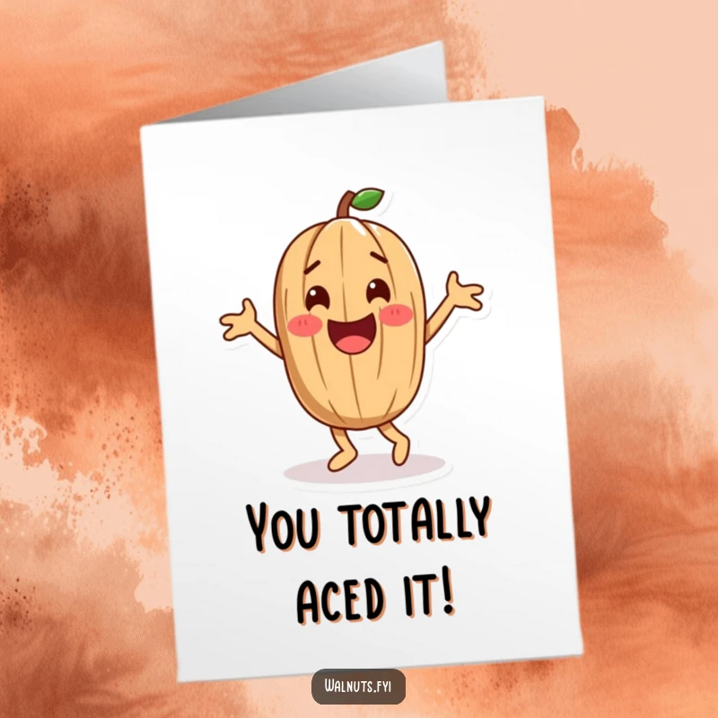 Funny Free Printable Congratulations Card of a playful walnut character doing a happy dance to celebrate their amazing achievement.