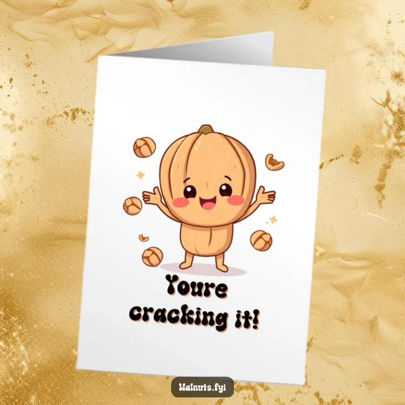 Funny Free Printable Congratulations Card showing a happy walnut character skillfully juggling walnut pieces, celebrating success.