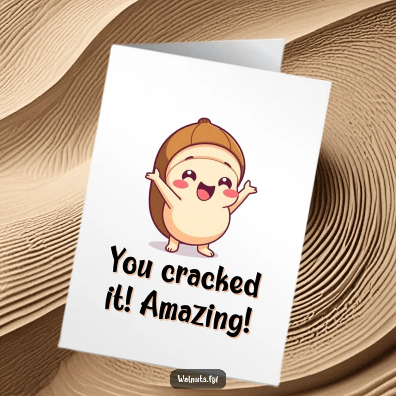 Funny Free Printable Congratulations Card: Excited Kawaii hazelnut character bursting from its shell, announcing success with humor.