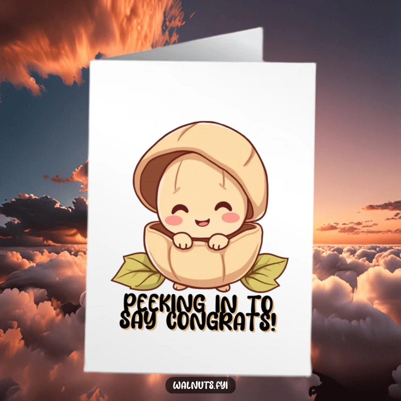 Funny Free Printable Congratulations Card: A happy walnut character playfully peeking from behind a large shell to congratulate.