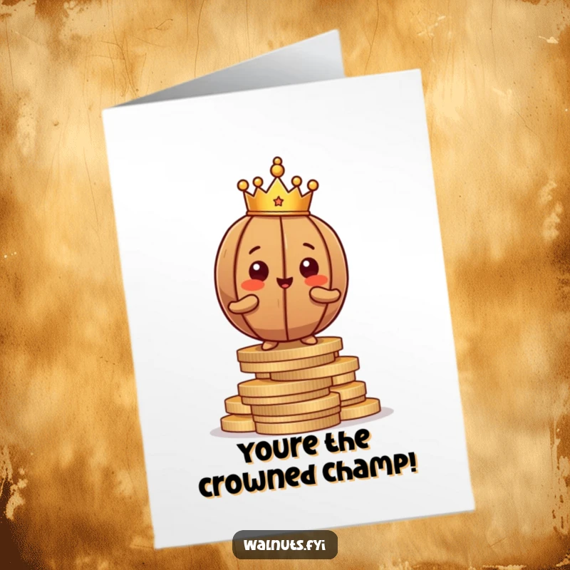 Funny Free Printable Walnut Congratulations Card: Proud brown walnut king on coins, exuding regal confidence in success.