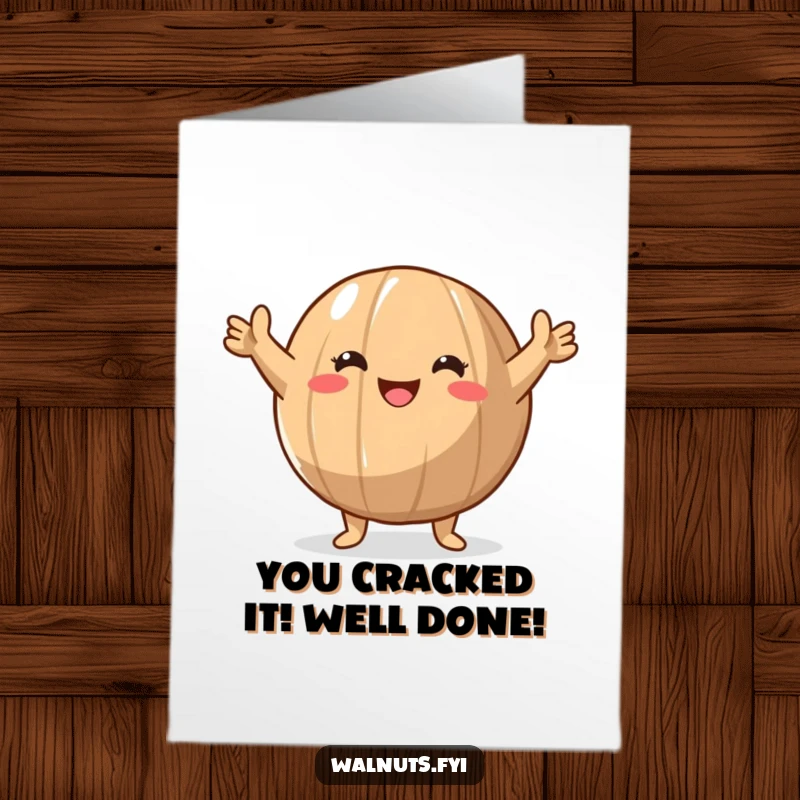 Free Printable Walnut Congratulations Card: A round walnut character with arms raised in a triumphant gesture, celebrating a huge success.