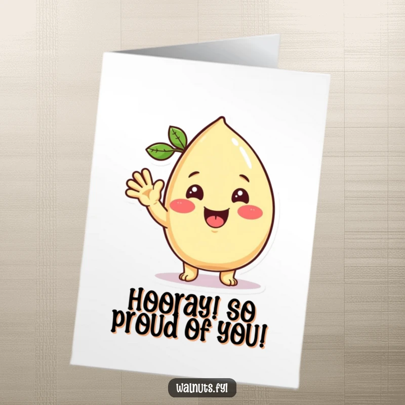 Funny Free Printable Congratulations Card: Beaming Kawaii cashew character giving a friendly wave, celebrating success with warmth.