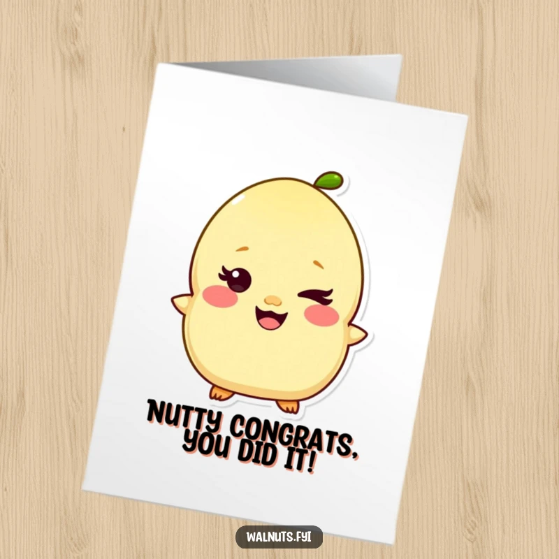 Funny Free Printable Congratulations Card showing a giggling Kawaii pistachio character winking mischievously at their success.