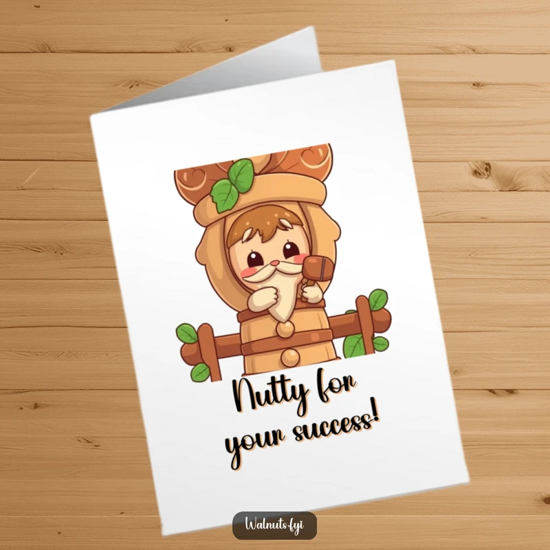 Funny Free Printable Congrats Card: A curious walnut character taps a giant nutcracker with a tiny mallet, symbolizing success.