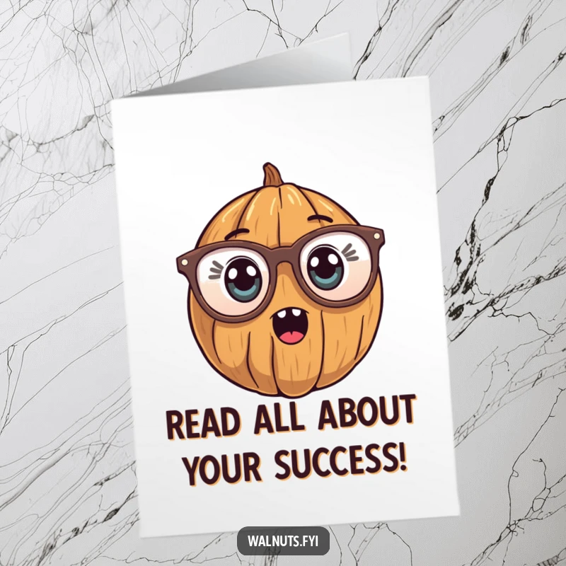 Funny Free Printable Congratulations Card showing a walnut with a look of shock, wearing comically oversized reading glasses, celebrating astounding news.