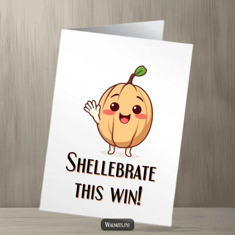 Funny free printable congratulations card showing a happy walnut character waving enthusiastically, perfect for any celebratory occasion.