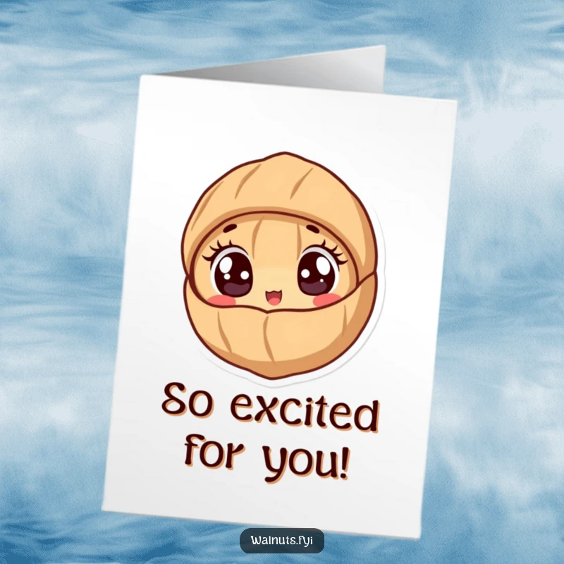 Funny Free Printable Congratulations Card: A cute walnut with wide, excited eyes peeking out from a shell, perfect for downloadable congratulations.