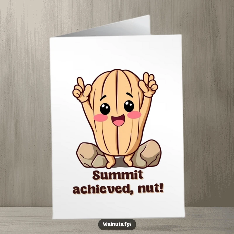 Funny Free Printable Congratulations Card: A cheerful walnut with arms raised celebrates conquering a climb.