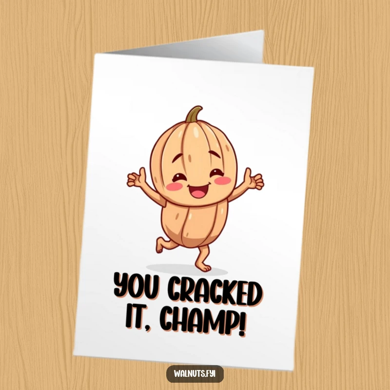Funny Free Printable Congratulations Card: A cheerful, gnarled walnut character joyfully doing a jig to celebrate a big win.