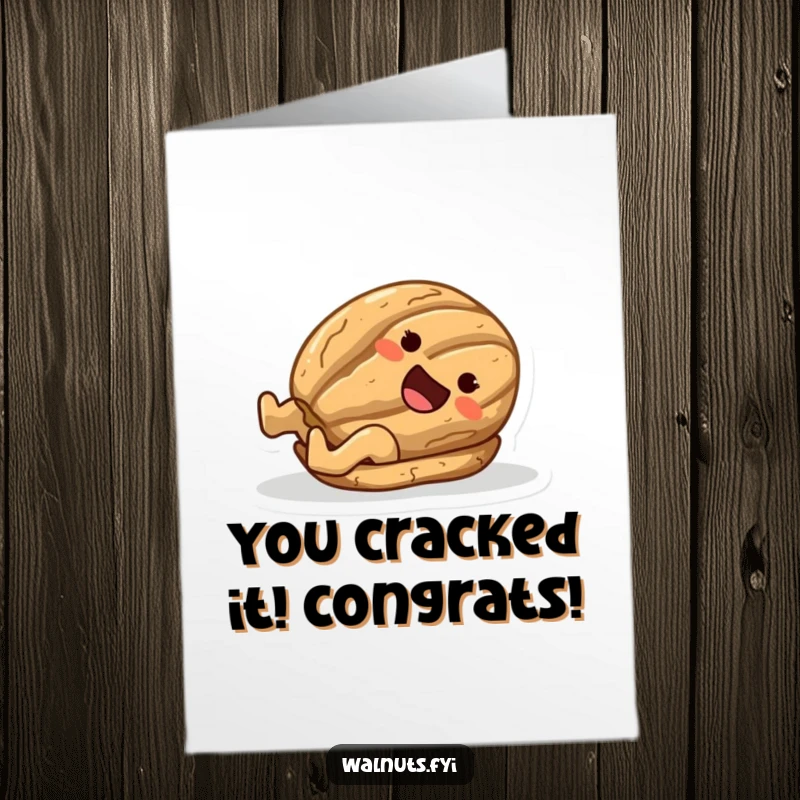Funny Free Printable Congrats Card: A joyful walnut character slides down a polished surface on its shell to celebrate.