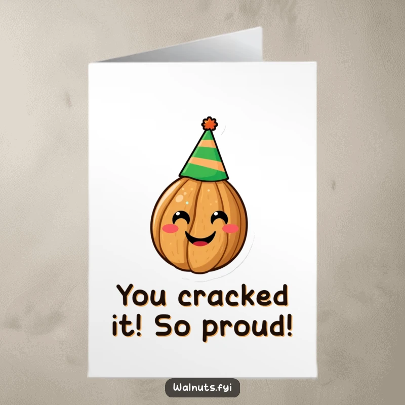 Funny Free Printable Congrats Card: A smiling walnut dressed in a party hat, giving a cheerful thumbs up, downloadable card for any occasion.