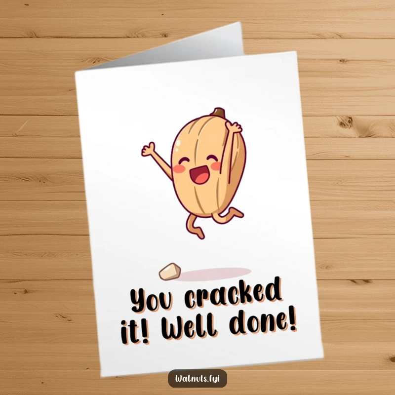 Funny Free Printable Congrats Card: An anthropomorphic walnut jumps triumphantly, symbolizing a grand achievement and success.