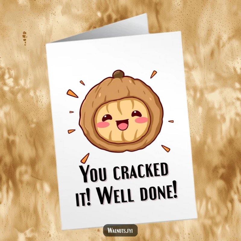 Funny Free Printable Congrats Card: A kawaii walnut hilariously cracking open in shock, great for congratulations.