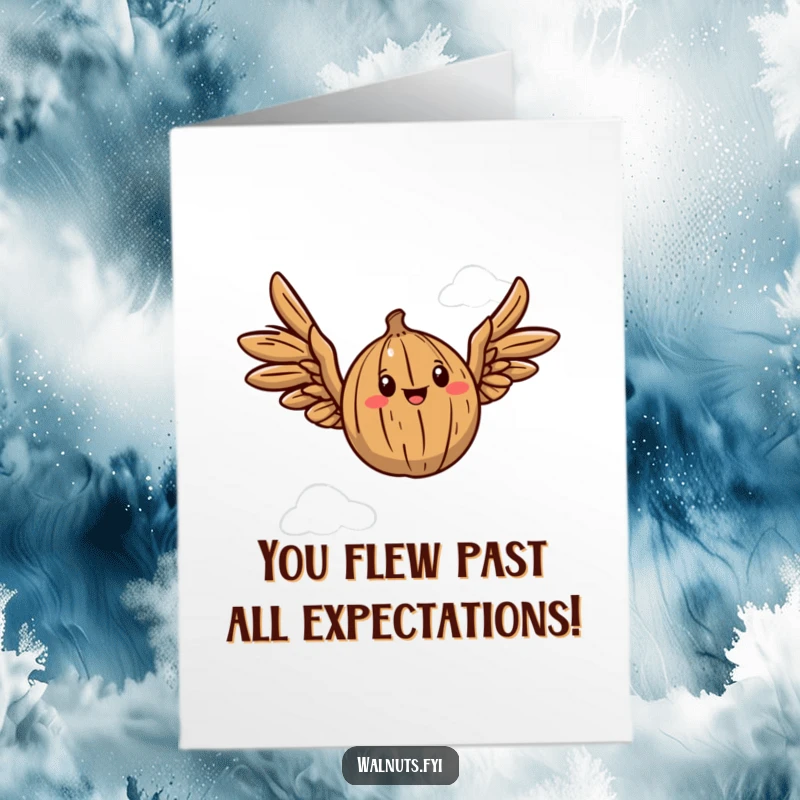 Funny Free Printable Congratulations Card: A winged walnut flaps joyfully, celebrating success and achievements with a playful spirit.