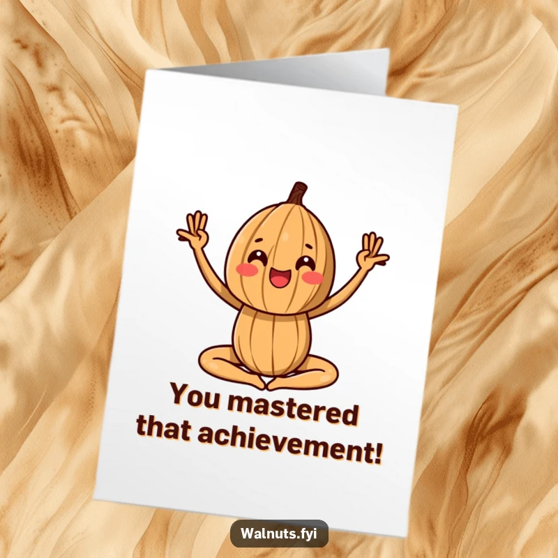 Funny Free Printable Congratulations Card featuring a walnut striking a playful yoga pose, celebrating a triumphant milestone with flexibility.