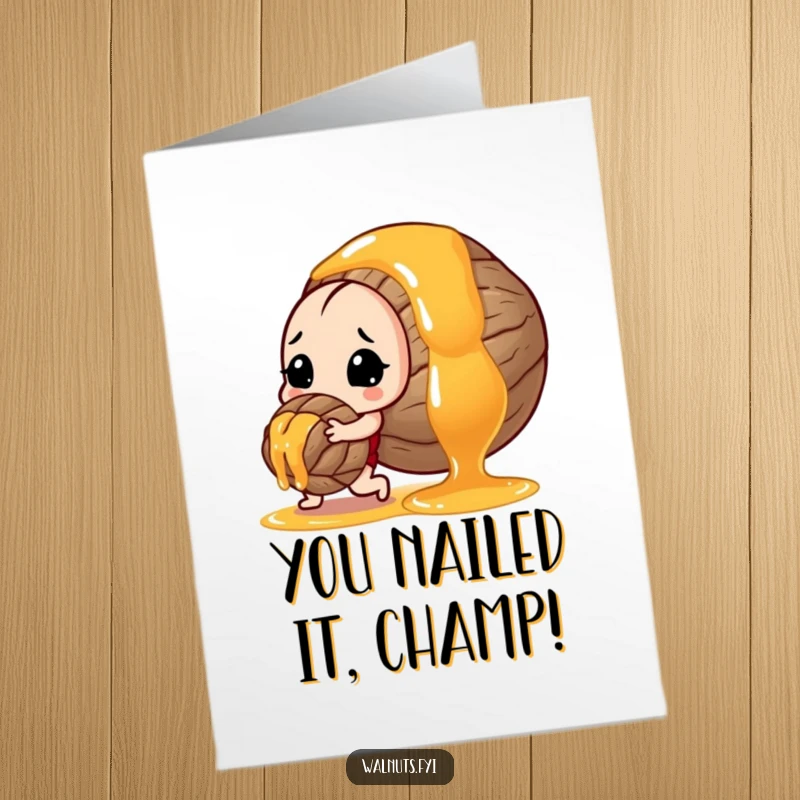 Funny Free Printable congratulations card showing a determined walnut pushing a massive honey drop, celebrating hard-earned sweet success.