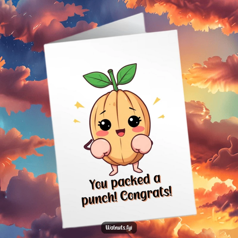 Funny Free Printable Congratulations Card: A happy walnut wearing tiny boxing gloves, fists raised in celebration of a win.