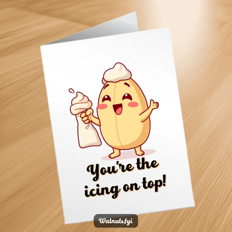 Funny Free Printable Congrats Card: A delighted macadamia nut pointing excitedly at a frosting bag, celebrating their sweet success.