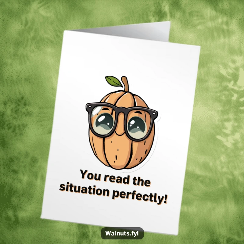 Funny Free Printable Congratulations Card showing a whimsical walnut wearing reading glasses, celebrating an intelligent achievement with flair.