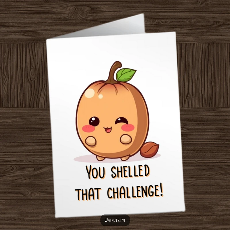 Funny Free Printable Congrats Card: Giggling chestnut character mischievously hiding behind a large nut, celebrating a win.
