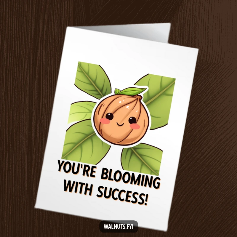 Funny Free Printable Congratulations Card: A blushing walnut peeks from behind a leaf, conveying congratulations with a shy, endearing grin.