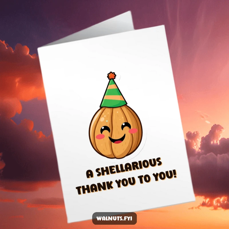 Funny Free Printable Thank You Card: A jolly walnut wearing a party hat, offering a warm smile, perfect for expressing gratitude.