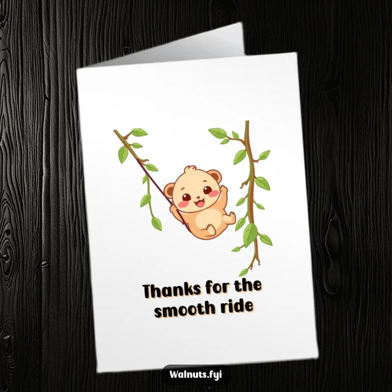 Funny free printable thank you card: A wobbly beige hazelnut with a happy smile zooms down a vine zipline, expressing thanks.