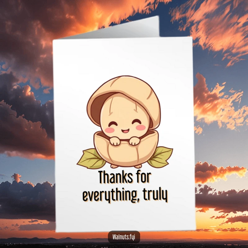Funny Free Printable Thank You Card: A happy walnut character peeking from behind a large shell to offer thanks.