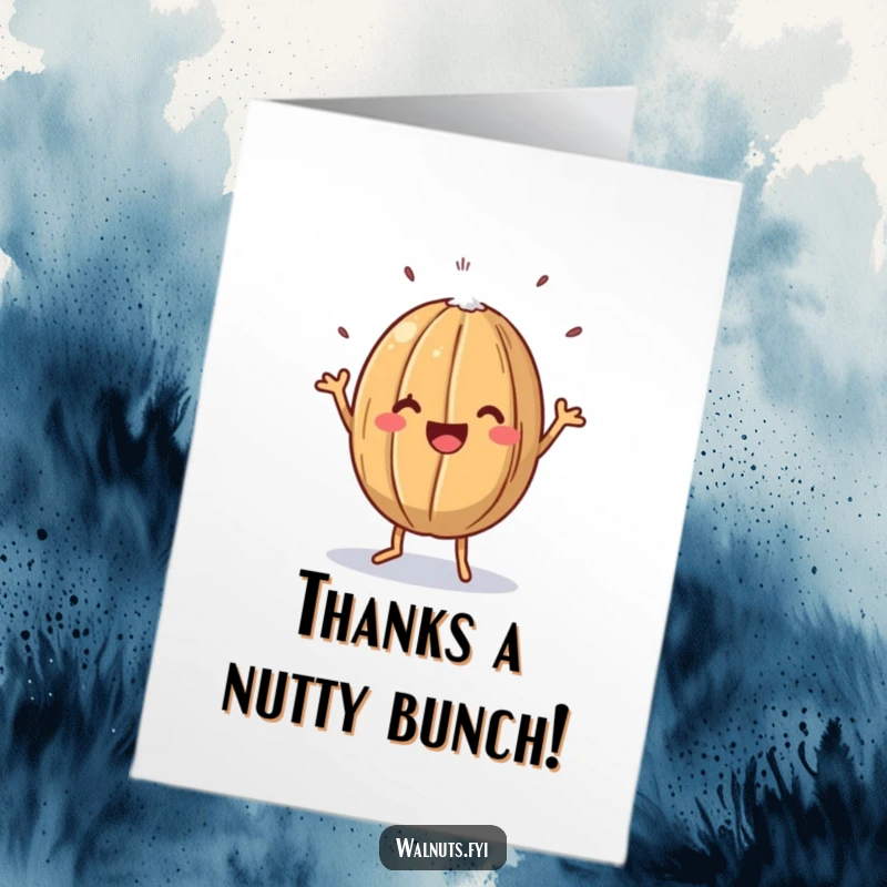 Funny Free Printable Thank You Card: A happy walnut dances energetically, showing sincere thanks.