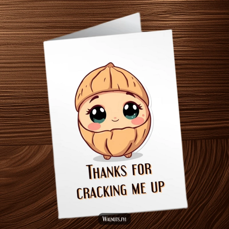 Funny Free Printable Thank You Card: a curious walnut tilting its shell, eyes wide with wonder, conveying thanks with gentle curiosity.